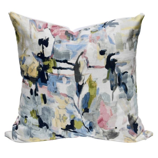 Floral Abstract Pillow Cover / Impressionist Artwork on Woven Cotton Throw Pillow / Colorful Rose - Pink, Blue, White Watercolor - Ella