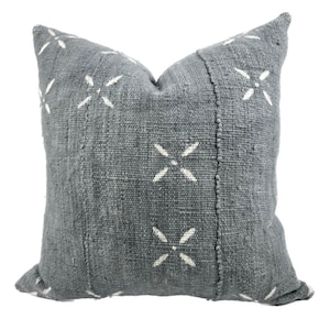 Grey Blue Mudcloth with White Accents Pillow Cover, Light Blue Mudcloth with White X, Authentic African Abstract Mudcloth - Maya Pillow
