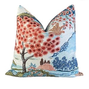 Floral Garden with Mountains and Trees Pillow Cover / Multi-Colored - Coral, Blue, Green, White - Sophie Pillow Cover