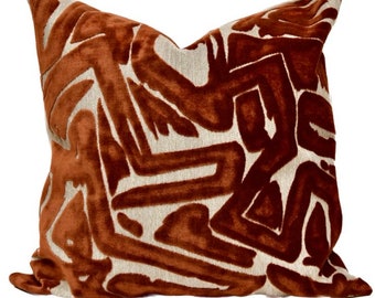 Funda de almohada de terciopelo naranja - Almohada decorativa de terciopelo geométrico / abstracto de terracota - Funda de almohada Henley