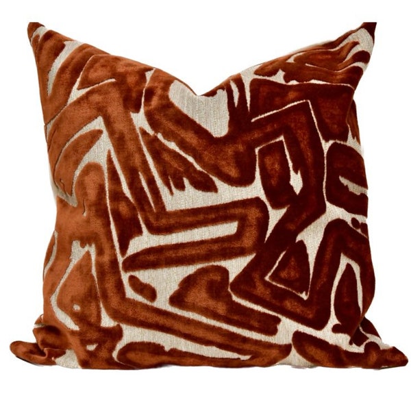 Orange Velvet Pillow Cover - Terracotta  Geometric / Abstract Velvet Decorative Pillow - Henley Pillow Cover