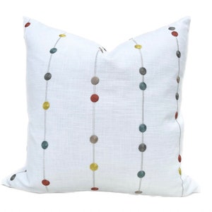 White Decorative Pillow Cover with Colorful Embroidered Stripes and Dots - Multicolor Polka Dot Stripe Throw Pillow - Kenley Pillow Cover