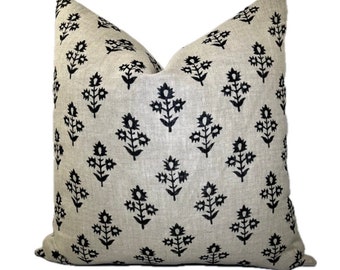 Floral Block Print Linen Pillow Cover - Black Floral Block Print - Prya Pillow Cover