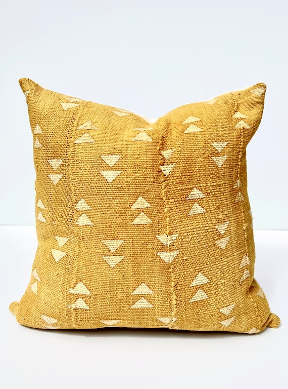 Yellow Mudcloth With White Triangles Pillow Cover Mustard Mudcloth Pillow Authentic African Geometric Mudcloth Abstract Malia Pillow Etsy