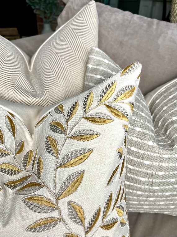 Gold and Silver Leaf Embroidered Throw Pillow Covers Botanical Pattern Rhea Pillow Cover Etsy