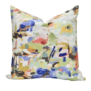 Floral Abstract Pillow Cover / Impressionist Artwork on Woven Cotton Pillow Cover/ Colorful Blue, Green, Pink, White Watercolor