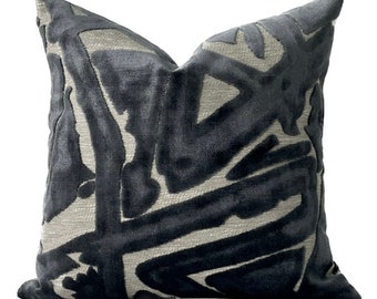 Grey Velvet Pillow Cover - Charcoal Geometric / Abstract Velvet Decorative Pillow - Henley Pillow Cover