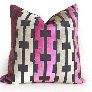 Magenta Pink, Taupe, Cream, Black Velvet Geometric Pillow Cover - Square Zigzag Pattern -  Belle Pillow Cover
