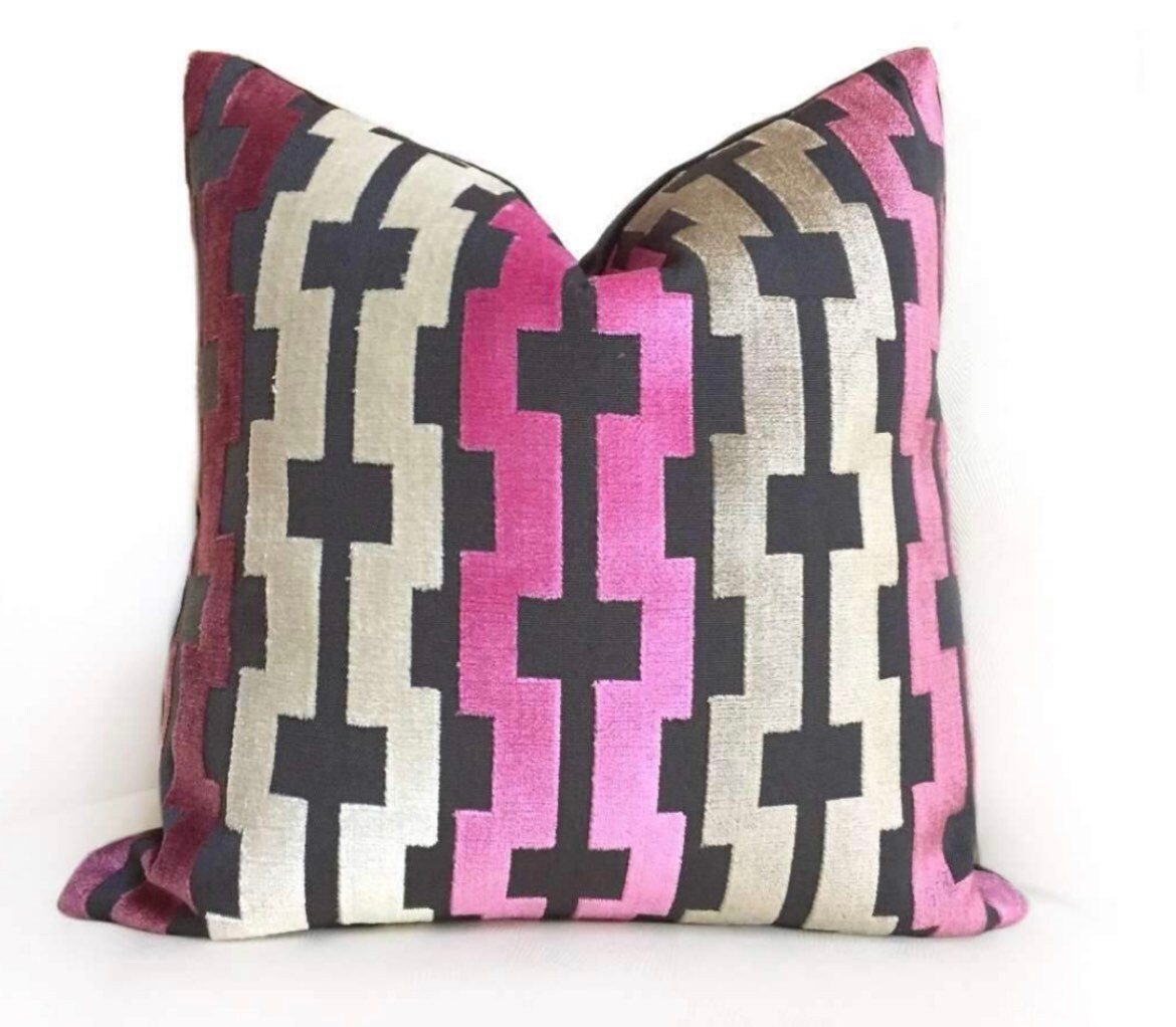 Magenta Pink, Taupe, Cream, Black Velvet Geometric Pillow Cover - Square Zigzag Pattern -  Belle Pillow Cover