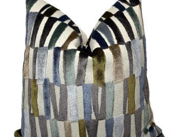 Geometric Stripe Pillow Cover in Shades of Blue, Green, Grey, Ivory - Sage
