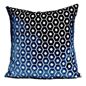 Navy Blue Geometric Velvet Accent Pillow Cover - Honeycomb Pattern - Grammichele