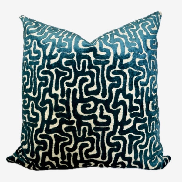 Teal Maze Velvet Pillow Cover - Geometric / Abstract Velvet Decorative Pillow - Margot Pillow Cover