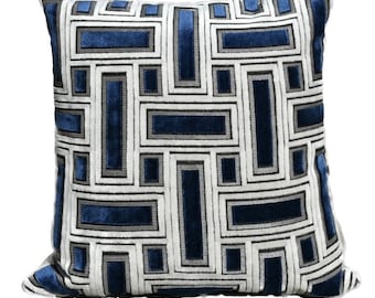 Navy Blue and Gray Geometric Throw Pillow with Metallic Silver Accents - Velvet Blocks Decorative Pillow Cover - Brixity Pillow Cover