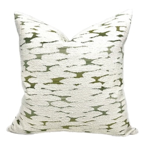 Cream and Green Chenille Pillow Cover - Cloudy Abstract Velvet Decorative Pillow - Skyler