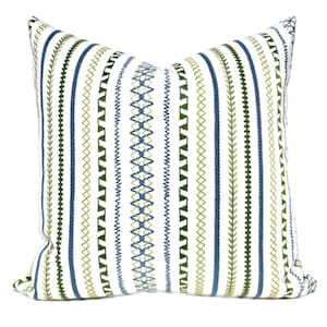 Blue and Green Embroidered Stripe Pillow Cover on White Background