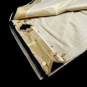 Kerala checkered Vishu Sari Indian Onam Gold Saree C16 main image 0
