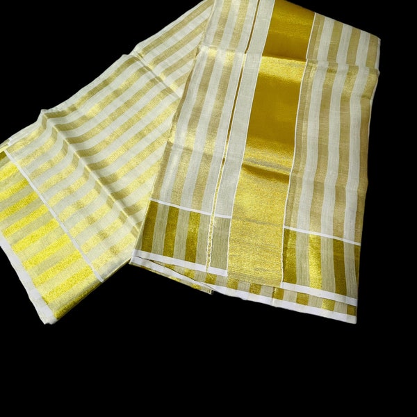 Kerala Traditional Set Saree stripe gold Tissue (no Blouse) | Vishu| Onam Saree| Indian Kerala Saree | Kasavu  Saree