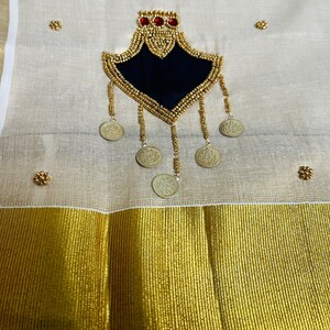 Kerala checkered Vishu Sari Indian Onam Gold Saree C16 main image 1