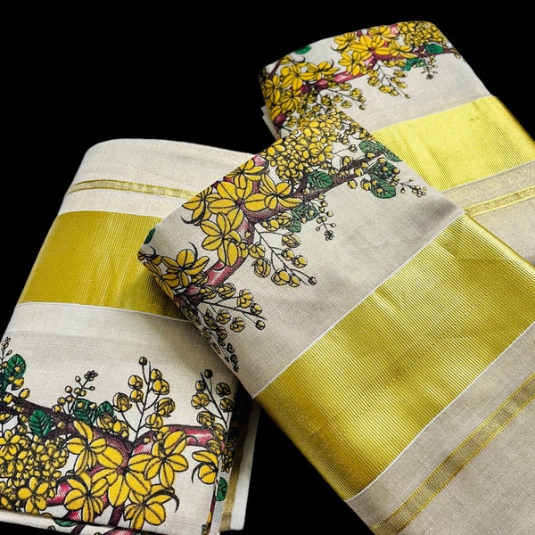 Kerala set Mundu Gold Tissue with yellow flowers kanikonna Vishu| Onam Saree Mundum Neriyathum| Petelz|petals | Indian Kerala Saree