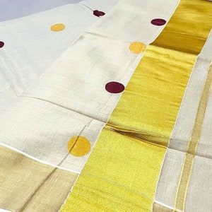 Kerala Set Saree polka dotted |Vishu Saree  Tissue   brown yellow dots (with Blouse piece) | Vishu|Indian Saree traditional | petelz