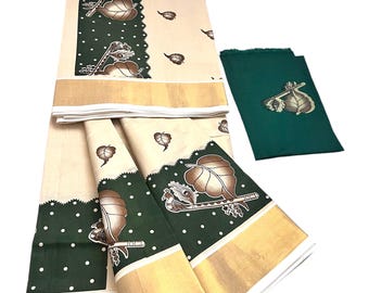 Kerala  Set Saree |  Tissue Set Saree green leaves design mural prints(with Blouse piece) | Onam Saree| Petelz | petals |Indian Kerala Saree