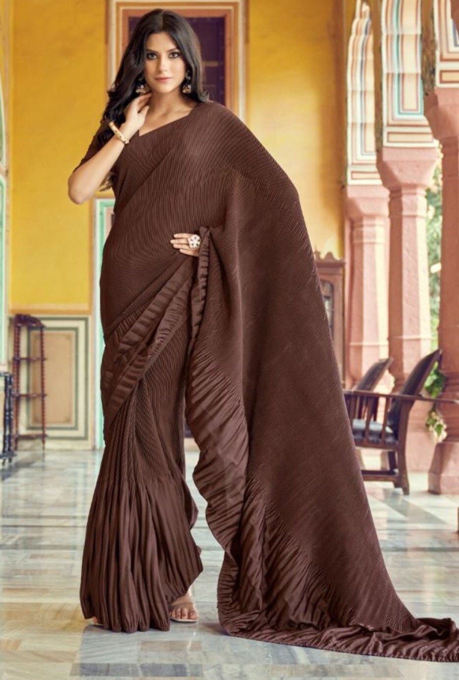 Beautiful Silk pleated crushed saree Party wear Saree Elegant Saree Bollywood Designer Saree | BRIDESMAIDS SAREE | Petelz Christmas special