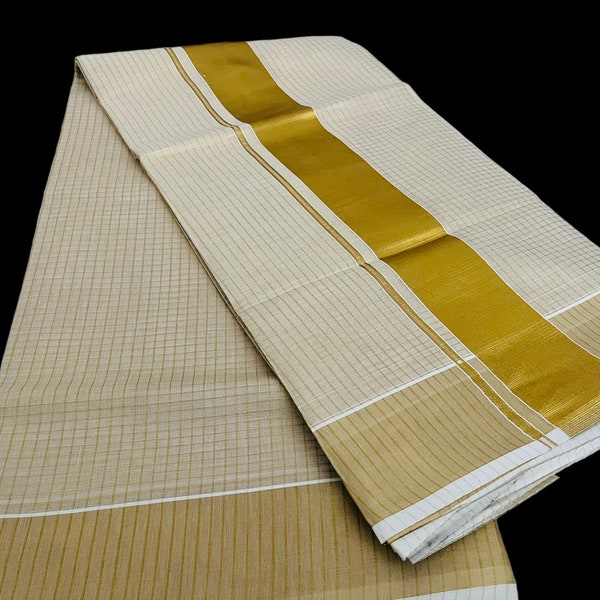 Kerala  Set Saree  Vishu collection | Gold check stripes with blouse |  gold Tissue Saree check stripes| Petelz | |Indian Saree with check l