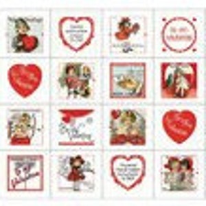 May include: A sheet of 24 vintage Valentine's Day stickers featuring various designs with hearts, angels, and couples. The stickers are printed on white paper with red accents.