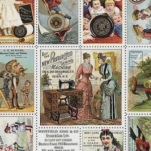 May include: A sheet of vintage postage stamps featuring various illustrations. The stamps depict children, sewing machines, and figures in period clothing. The sheet includes text such as "Remington Sewing Machine" and "Spool Silk."