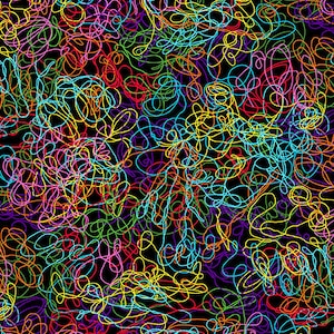 May include: Abstract pattern of colorful, swirling lines on a black background. The lines are in shades of red, orange, yellow, green, blue, purple, and pink.