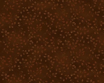May include: A brown fabric with a repeating pattern of small, stylized leaves in shades of brown and orange.