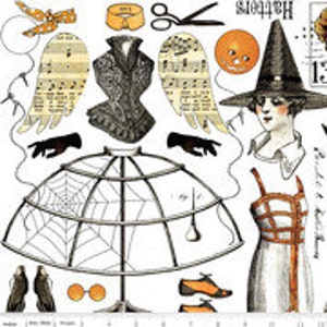 May include: A white fabric with a black and white Halloween-themed print. The print features a witch, a pumpkin, a spiderweb, a hat, a dress, shoes, and other Halloween-themed elements.