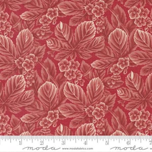 May include: Red fabric with a white floral pattern. The pattern features leaves and small flowers. The fabric has a textured surface.