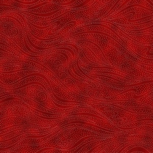 May include: Red fabric with a white wave pattern. The waves are outlined with white and filled with white dots.