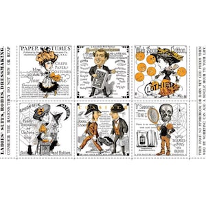 May include: A vintage-style collage featuring six rectangular advertisements with illustrations and text. The ads promote paper costumes, medicine, and other goods. The color palette is primarily black, white, and orange.