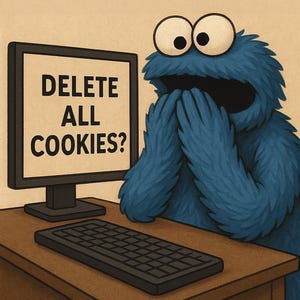 May include: A blue cookie monster character is sitting at a computer with a screen that says "Delete All Cookies?" The computer is on a brown desk.