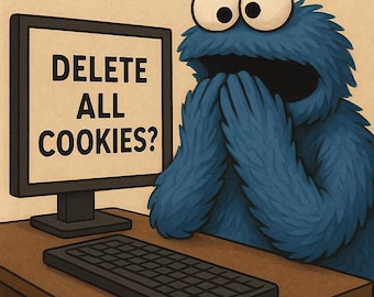 Funny Blue Monster Poster, Delete All Cookies Meme Print, Tech Humor Office Wall Art, Geeky Gift for Coworkers, Funny Tech Meme Art Poster