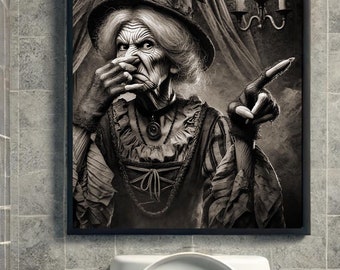 Funny Bathroom Wall Art, Vintage Witch Portrait, Halloween Poster Print, Toilet Humor Gift, Amusing Bar Decor, Funny Gift for Friend 0001