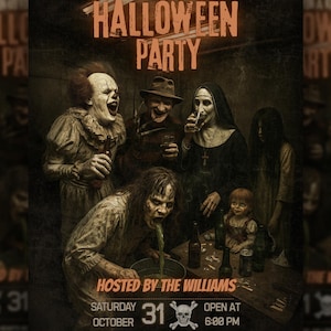 May include: A Halloween party invitation with a dark, vintage aesthetic. The text reads "Join us for a Killer Halloween Party" with a group of horror characters. The date is Saturday, October 31st, at 6:00 PM. Hosted by The Williams.