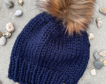 Classic Knit Beanie | Hand Knitted Women's Hat | Knitted Toque | Navy Blue ADULT Hat