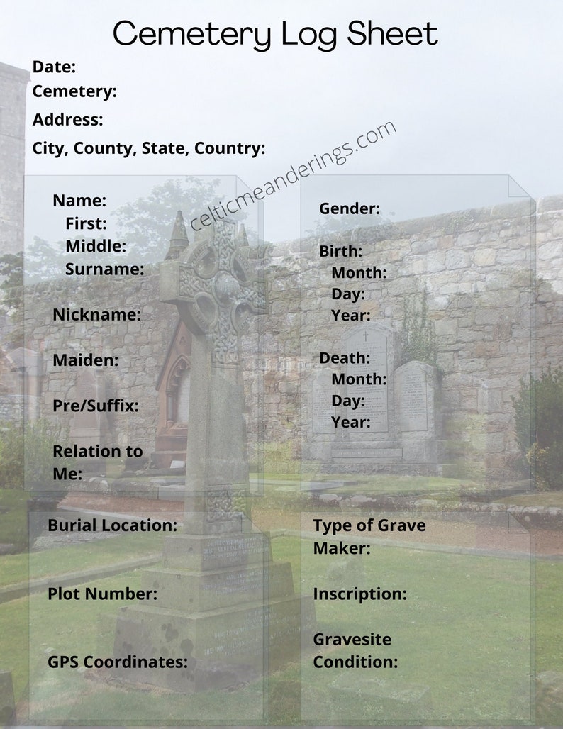 Cemetery Log Sheets / Genealogy Research Logs / Empty Cemetery - Etsy