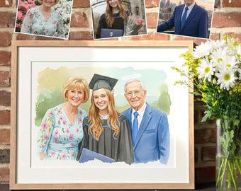 Pintura de acuarela personalizada de seres queridos, retrato familiar conmemorativo personalizado a partir de una foto, un regalo artístico de duelo para el abuelo.