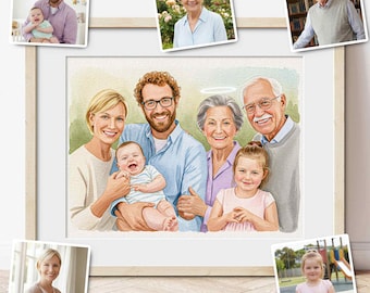 Pintura de acuarela personalizada de seres queridos, retrato familiar conmemorativo personalizado a partir de una foto, un regalo artístico de duelo para el abuelo.