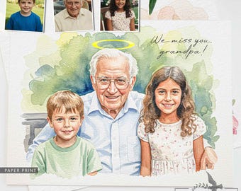 Retrato conmemorativo realista con diferentes fotos. Añade a tu ser querido fallecido a la foto. Retrato familiar personalizado en acuarela a partir de fotos.