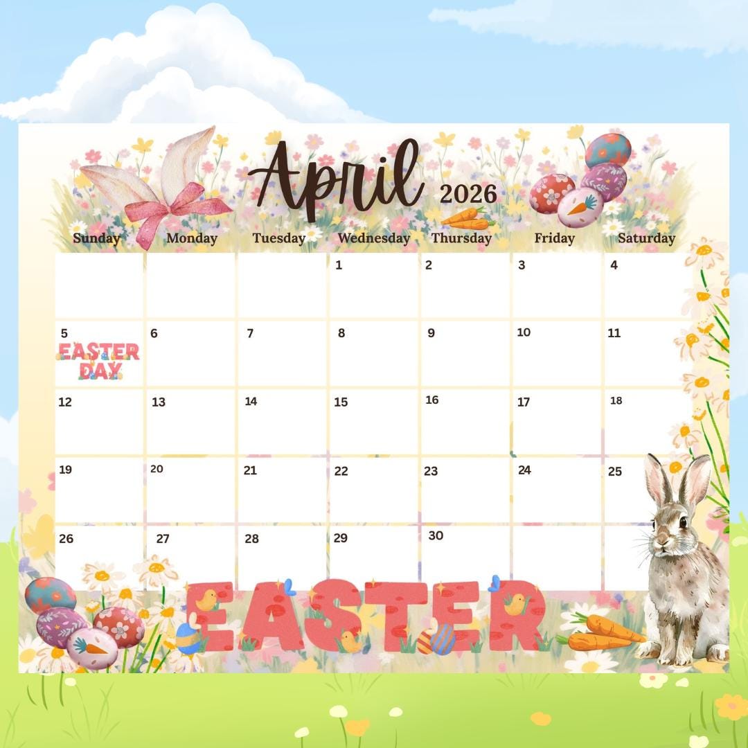 Editable April 2026 Calendar, Happy Easter With Cute Bunny, Printable ...