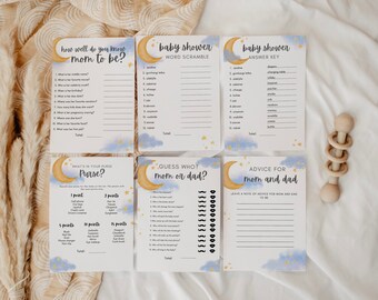 Over the Moon Shower Games | Editable Baby Shower Templates | Digital Baby Shower Games | Set of 5 Shower Games