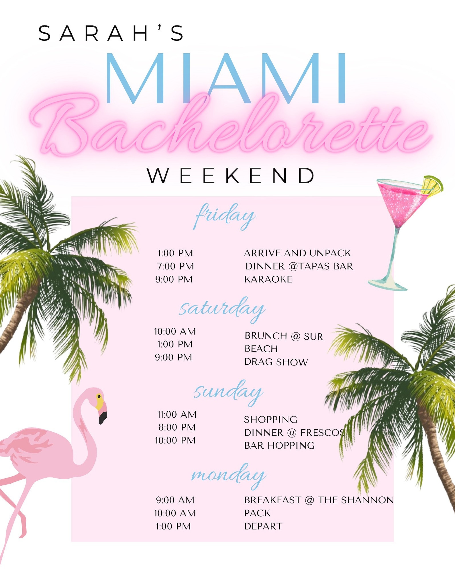 Miami Bachelorette Itinerary Bachelorette Party Instant Etsy
