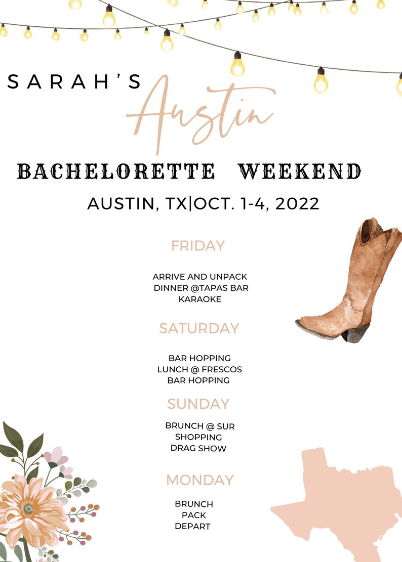Austin Bachelorette Itinerary Bachelorette Party Instant Etsy
