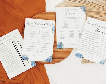 Blue Hydrangea Summer Bridal a Shower Game Pack | Editable Bridal Shower Templates | Digital Wedding Shower Games | Set of 4 Shower Games