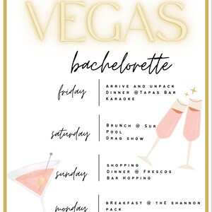 Puede incluir: Un itinerario blanco y dorado para una despedida de soltera en Las Vegas. El itinerario incluye actividades para cada d&iacute;a del viaje, incluyendo cena, karaoke, brunch, piscina, espect&aacute;culo de drag, compras y bares. El itinerario est&aacute; decorado con ilustraciones de copas de champ&aacute;n.